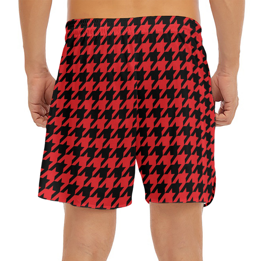 Red And Black Houndstooth Pattern Print Men's Split Running Shorts