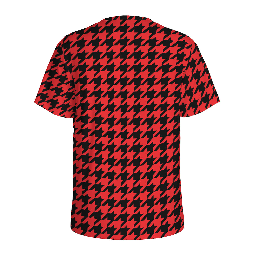 Red And Black Houndstooth Pattern Print Men's Sports T-Shirt