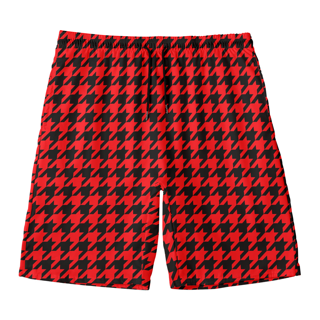 Red And Black Houndstooth Pattern Print Men's Swim Trunks