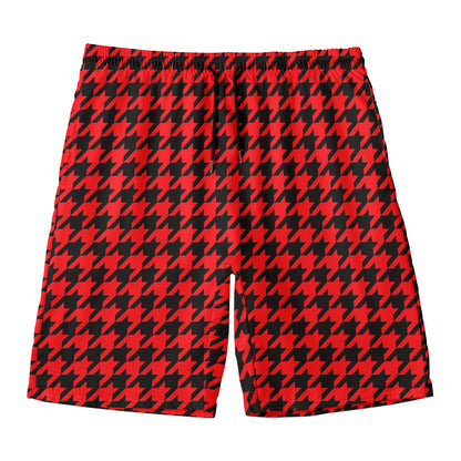 Red And Black Houndstooth Pattern Print Men's Swim Trunks