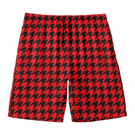 Red And Black Houndstooth Pattern Print Men's Swim Trunks