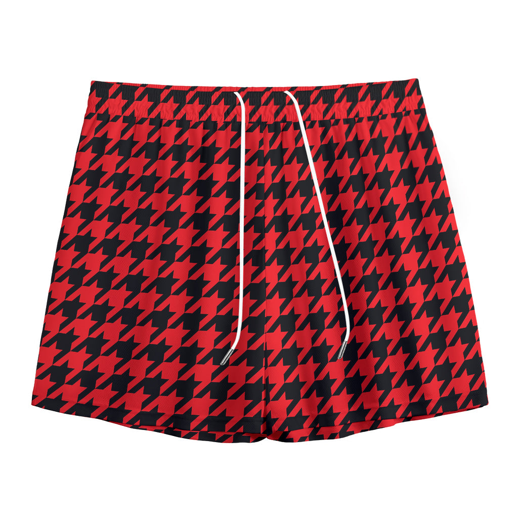 Red And Black Houndstooth Pattern Print Mesh Shorts