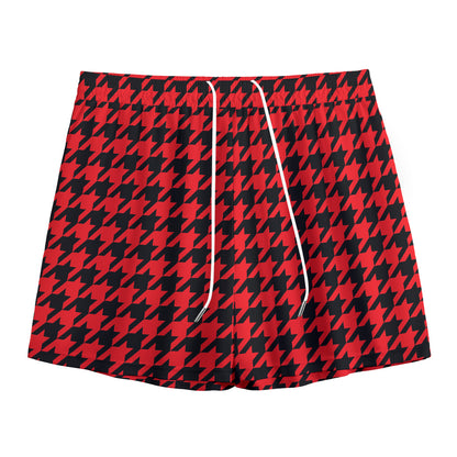 Red And Black Houndstooth Pattern Print Mesh Shorts
