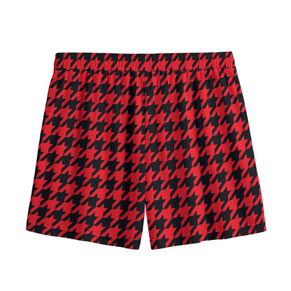 Red And Black Houndstooth Pattern Print Mesh Shorts