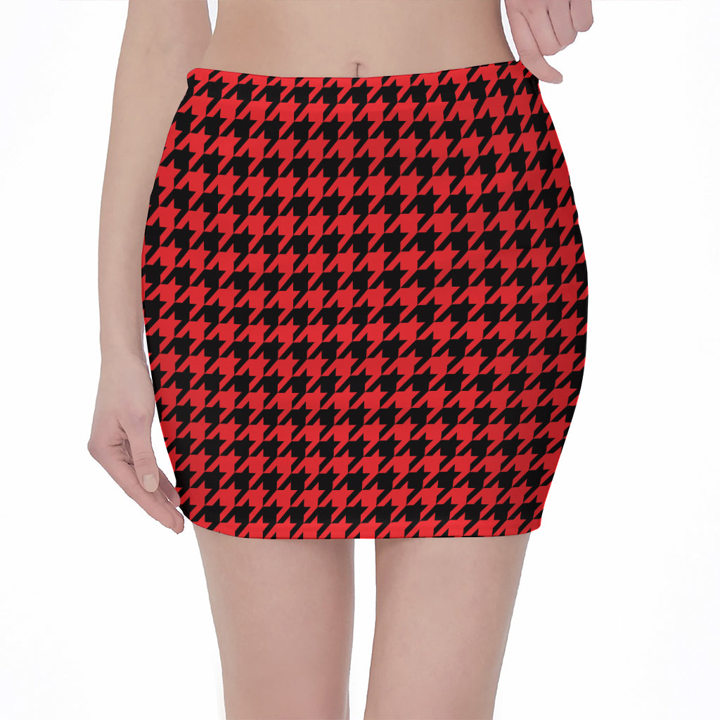 Red And Black Houndstooth Pattern Print Pencil Mini Skirt