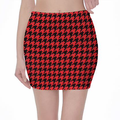 Red And Black Houndstooth Pattern Print Pencil Mini Skirt