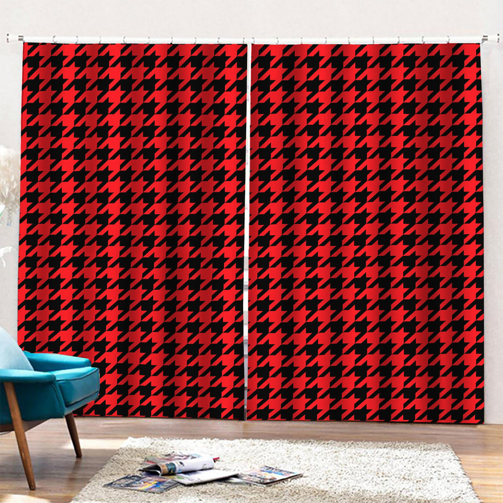 Red And Black Houndstooth Pattern Print Pencil Pleat Curtains