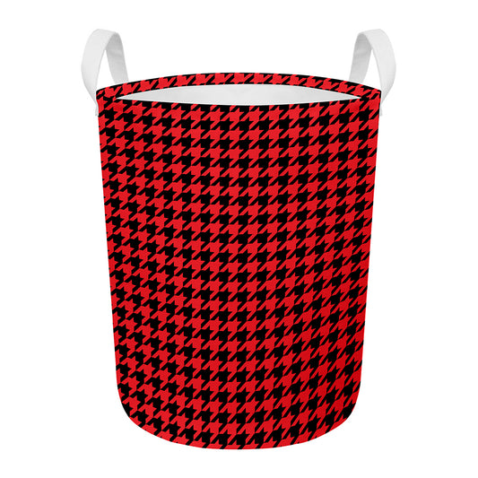 Red And Black Houndstooth Pattern Print Round Laundry Basket