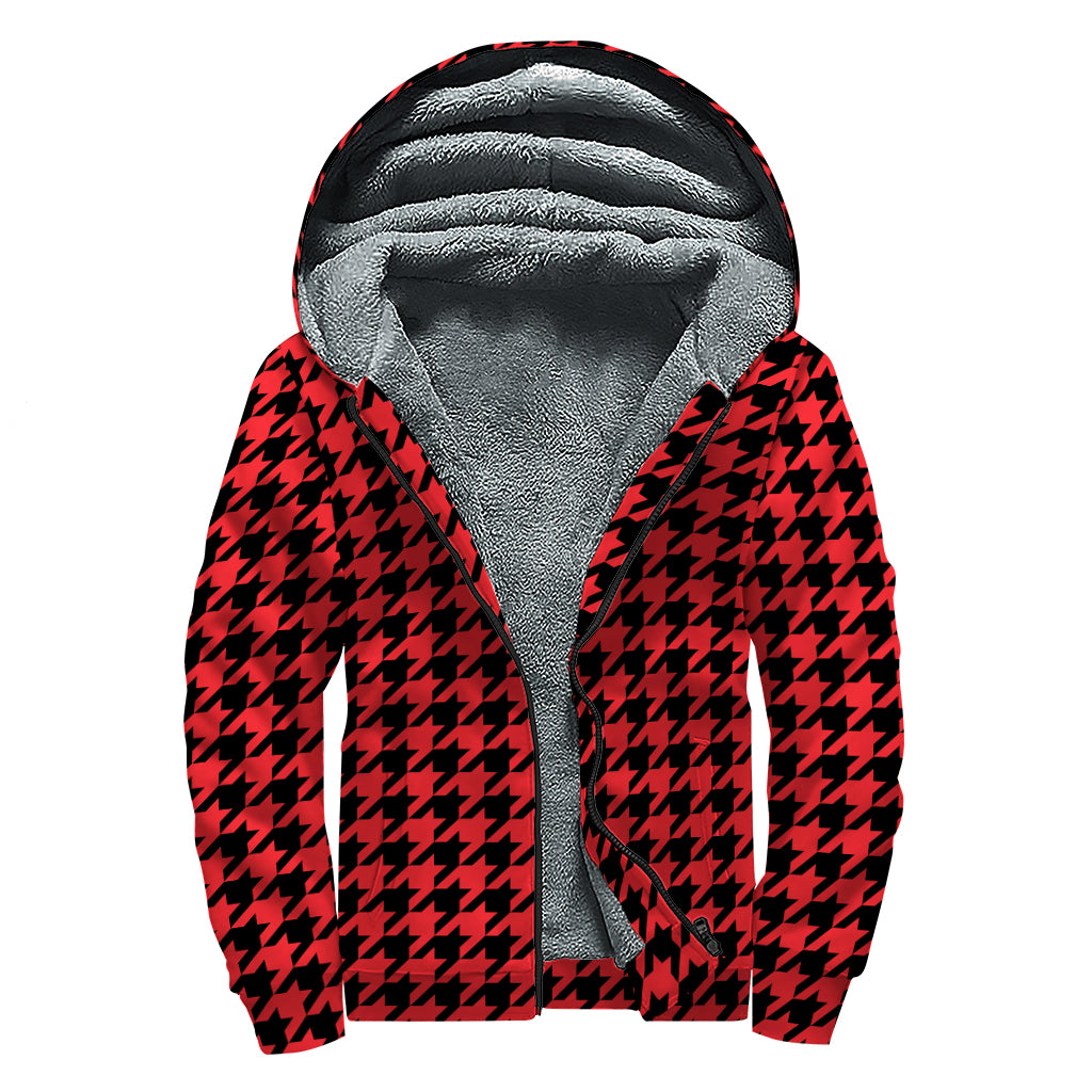 Red And Black Houndstooth Pattern Print Sherpa Lined Zip Up Hoodie