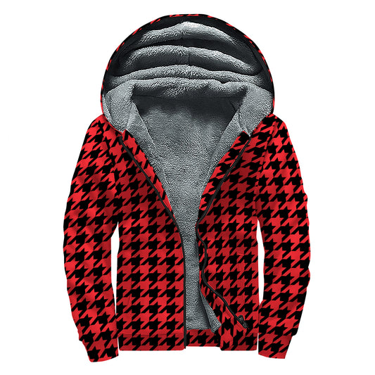 Red And Black Houndstooth Pattern Print Sherpa Lined Zip Up Hoodie