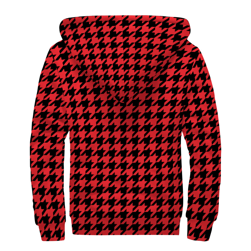 Red And Black Houndstooth Pattern Print Sherpa Lined Zip Up Hoodie