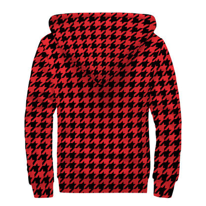 Red And Black Houndstooth Pattern Print Sherpa Lined Zip Up Hoodie