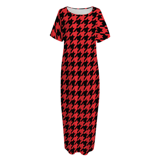 Red And Black Houndstooth Pattern Print Short Sleeve Long Nightdress