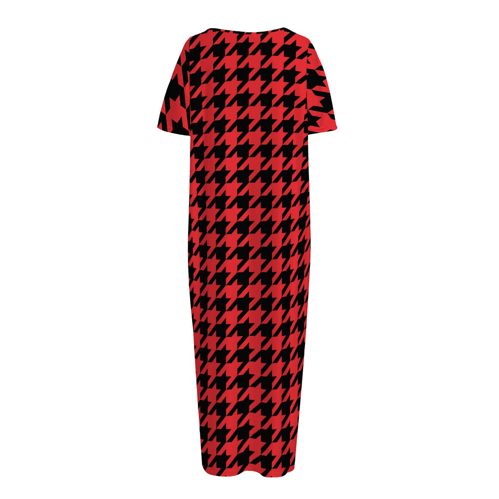 Red And Black Houndstooth Pattern Print Short Sleeve Long Nightdress