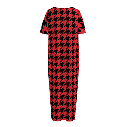 Red And Black Houndstooth Pattern Print Short Sleeve Long Nightdress