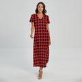 Red And Black Houndstooth Pattern Print Short Sleeve Maxi Dress