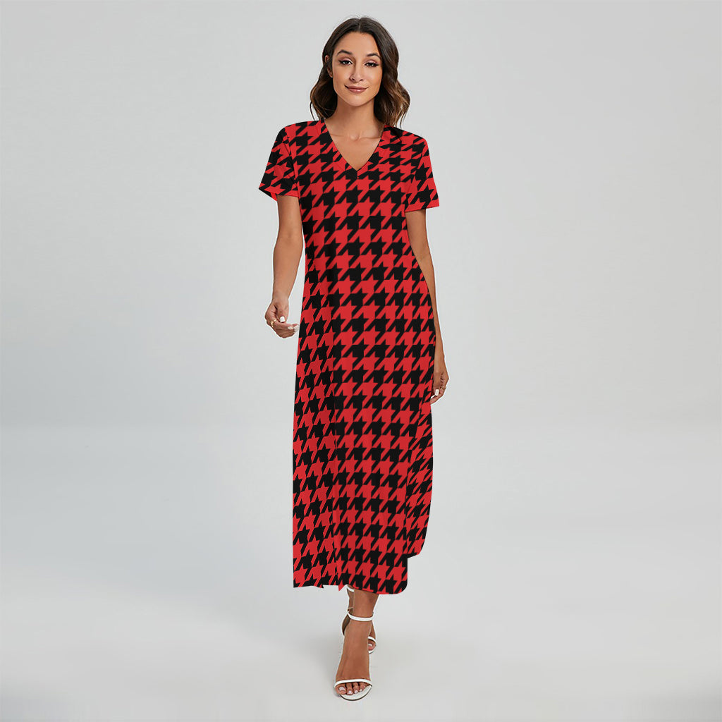 Red And Black Houndstooth Pattern Print Short Sleeve Maxi Dress