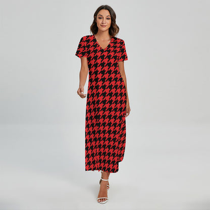 Red And Black Houndstooth Pattern Print Short Sleeve Maxi Dress