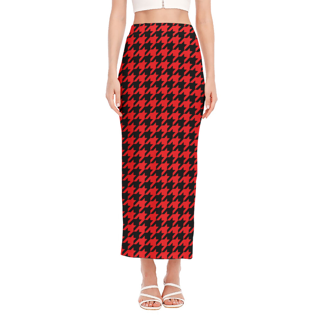Red And Black Houndstooth Pattern Print Side Slit Maxi Skirt