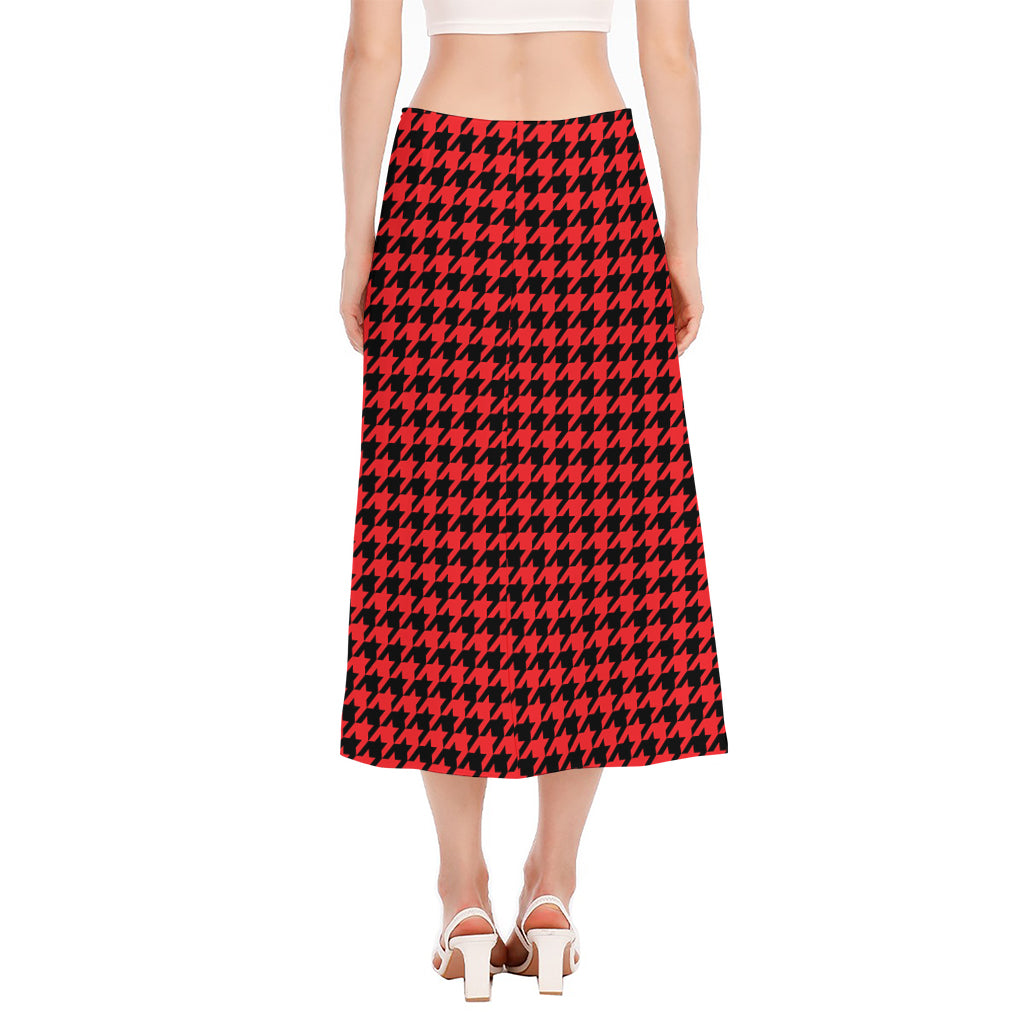 Red And Black Houndstooth Pattern Print Side Slit Midi Skirt