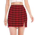 Red And Black Houndstooth Pattern Print Side Slit Mini Skirt