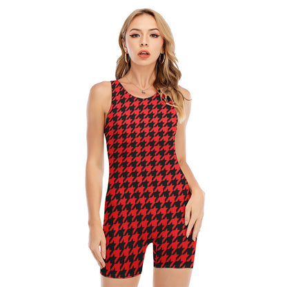 Red And Black Houndstooth Pattern Print Sleeveless One Piece Swimsuit