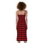Red And Black Houndstooth Pattern Print Slim Fit Midi Cami Dress