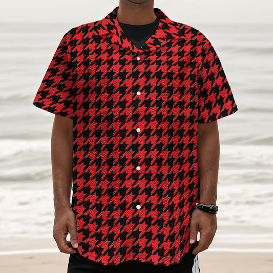 Red And Black Houndstooth Pattern Print Textured Short Sleeve Shirt