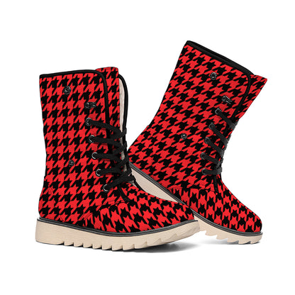Red And Black Houndstooth Pattern Print Winter Boots