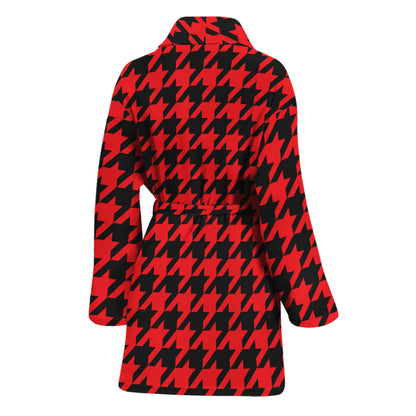 Red And Black Houndstooth Pattern Print Women's Bathrobe