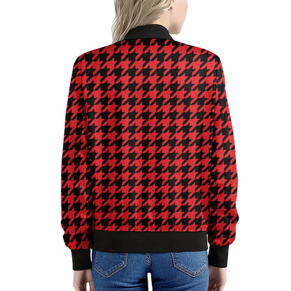 Red And Black Houndstooth Pattern Print Women's Bomber Jacket