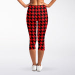 Red And Black Houndstooth Pattern Print Women's Capri Leggings