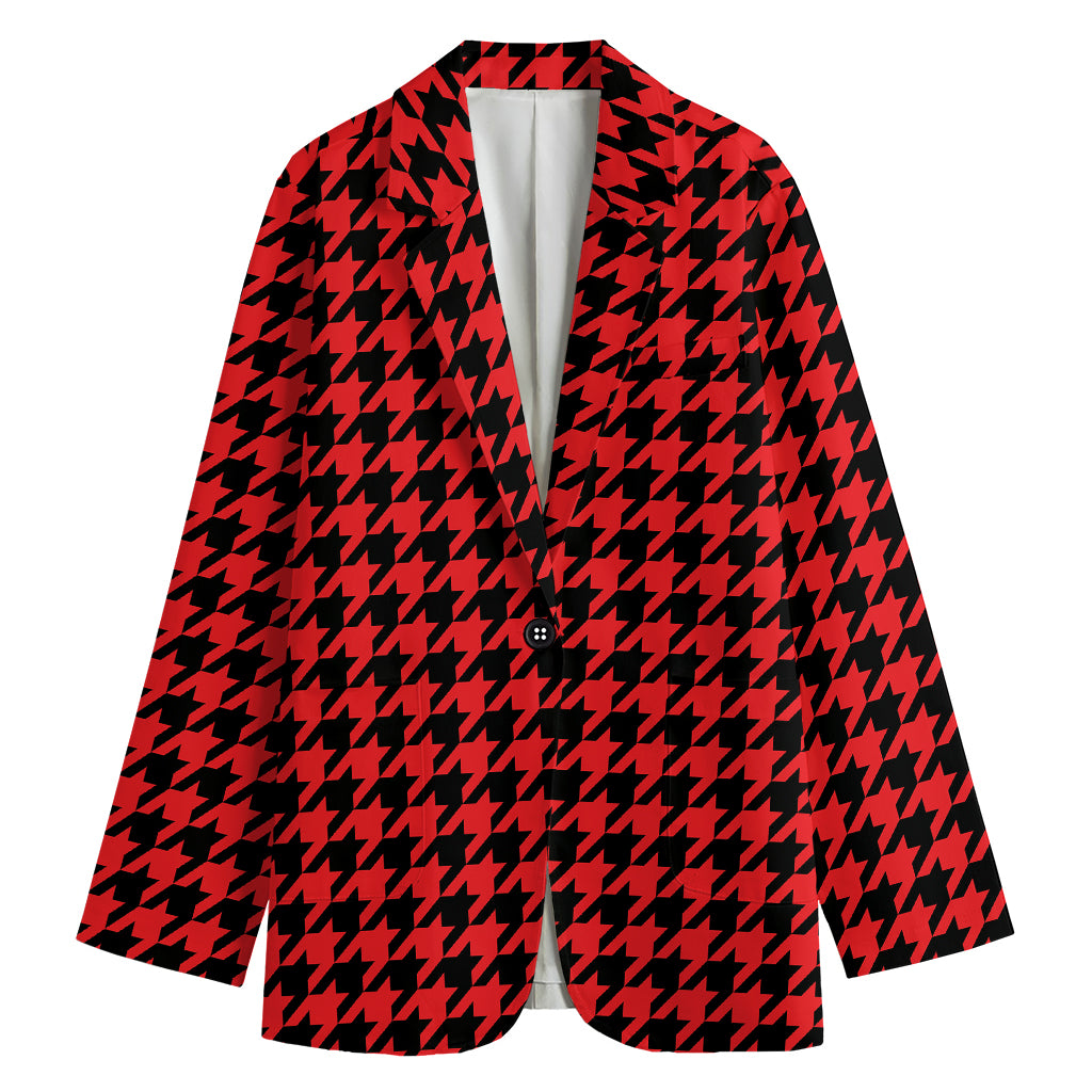 Red And Black Houndstooth Pattern Print Women's Cotton Blazer