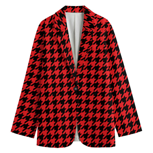Red And Black Houndstooth Pattern Print Women's Cotton Blazer