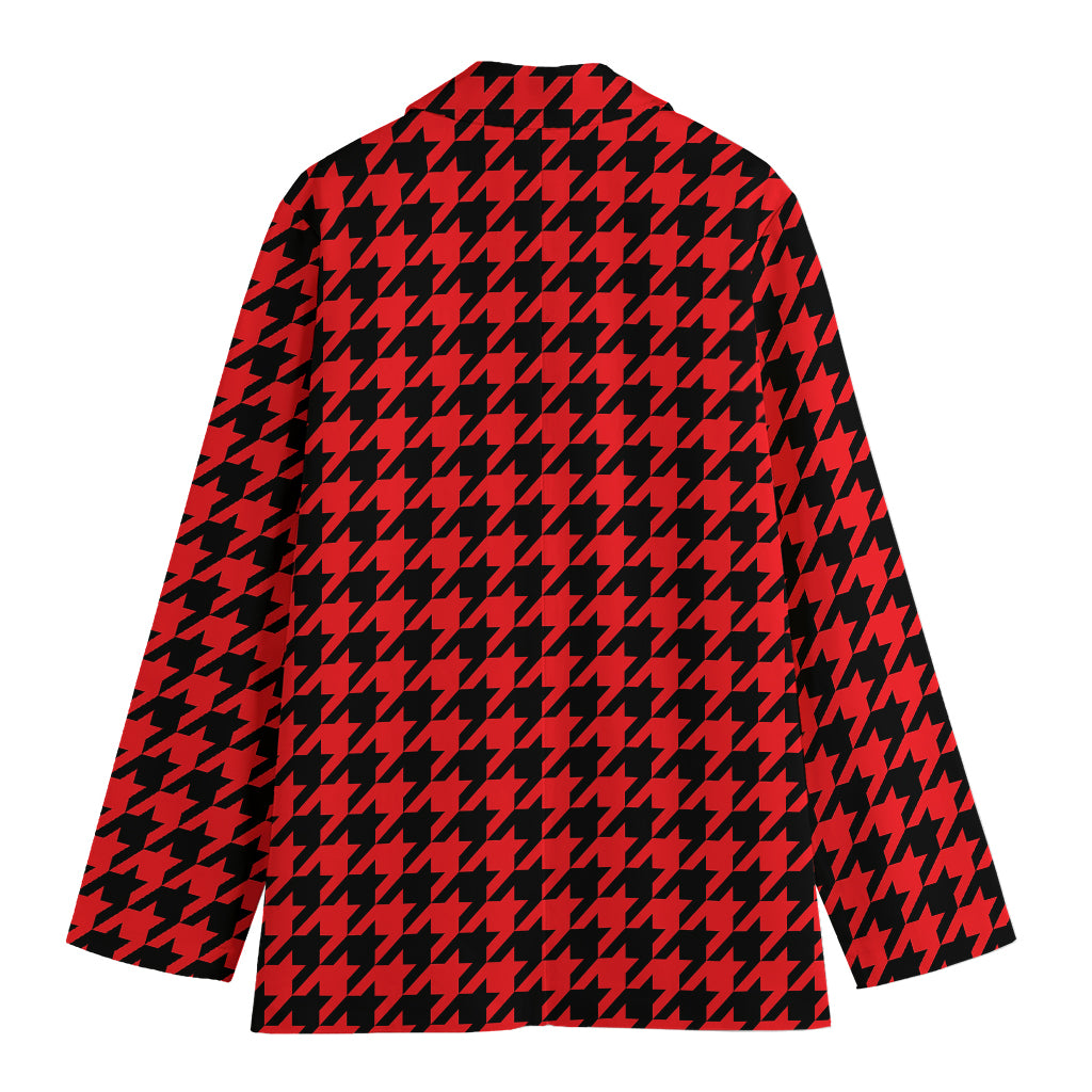 Red And Black Houndstooth Pattern Print Women's Cotton Blazer