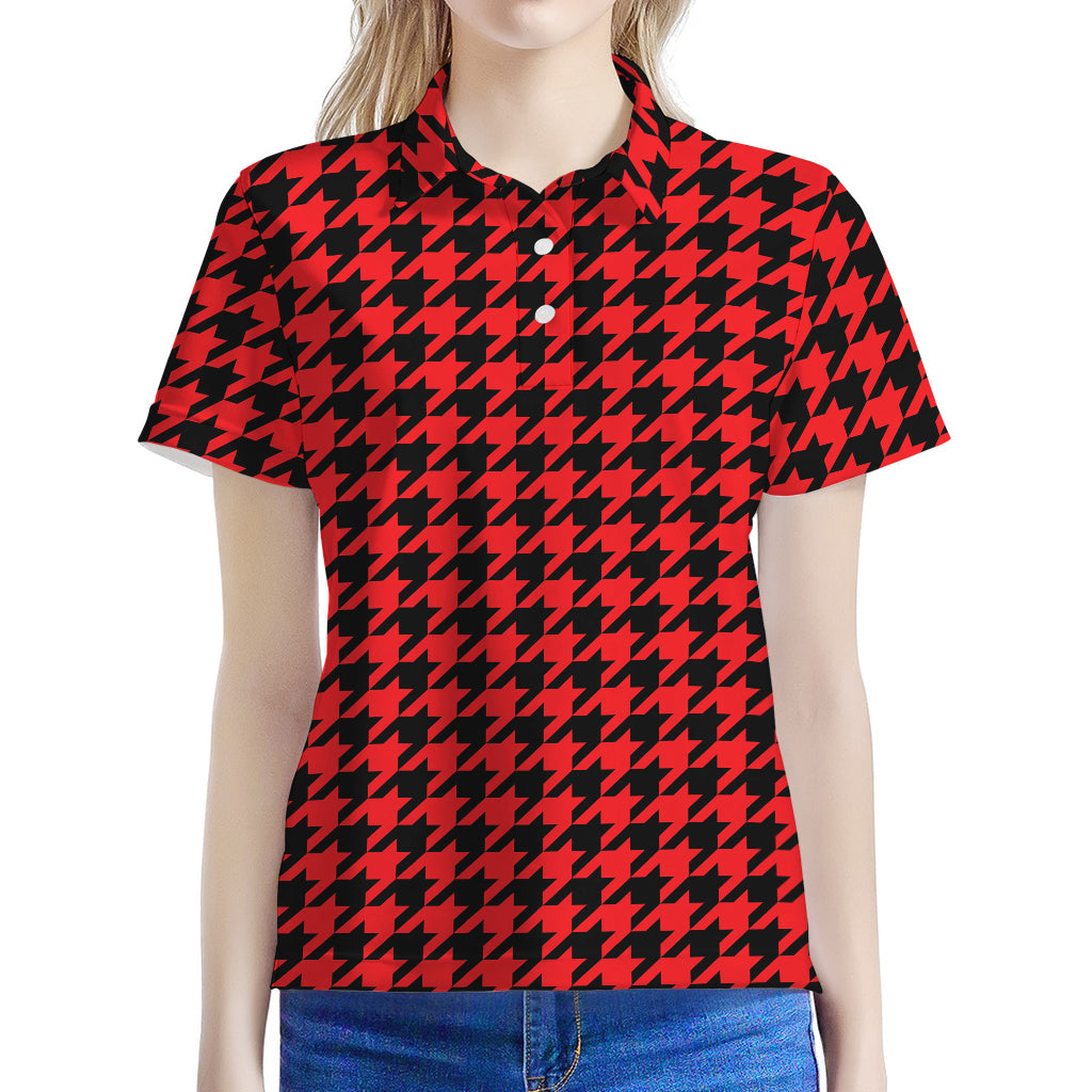 Red And Black Houndstooth Pattern Print Women's Polo Shirt