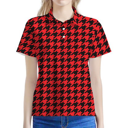 Red And Black Houndstooth Pattern Print Women's Polo Shirt