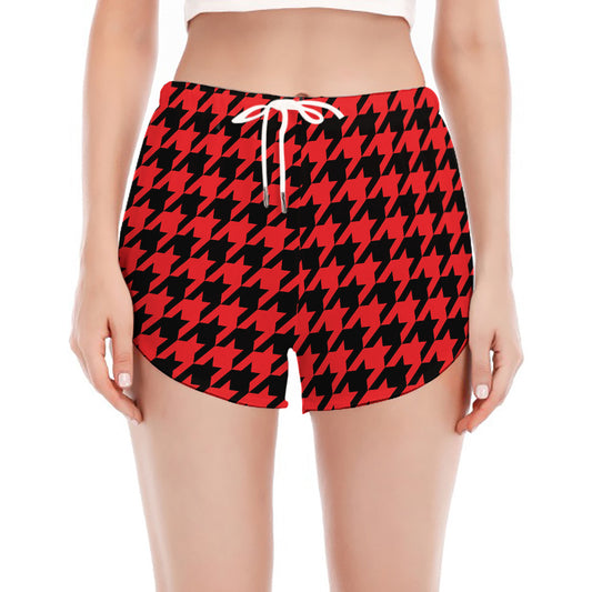 Red And Black Houndstooth Pattern Print Women's Split Running Shorts