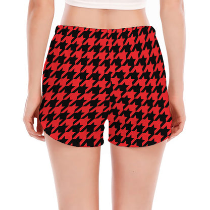 Red And Black Houndstooth Pattern Print Women's Split Running Shorts