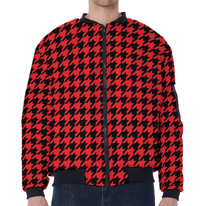 Red And Black Houndstooth Pattern Print Zip Sleeve Bomber Jacket