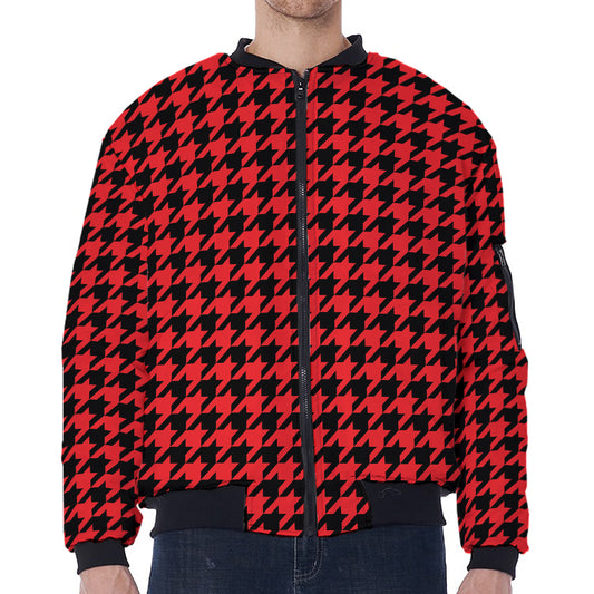 Red And Black Houndstooth Pattern Print Zip Sleeve Bomber Jacket