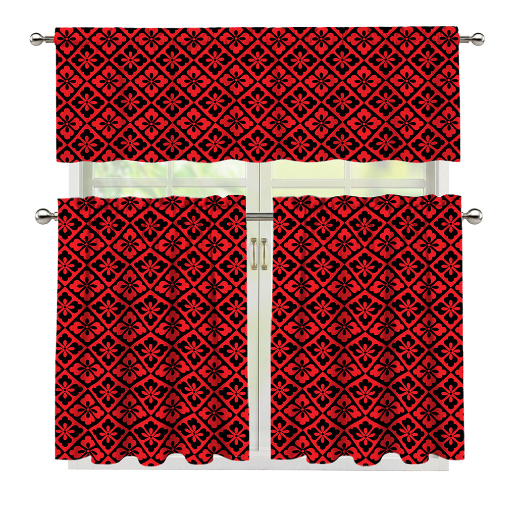 Red And Black Japanese Pattern Print 3 Piece Kitchen Curtains