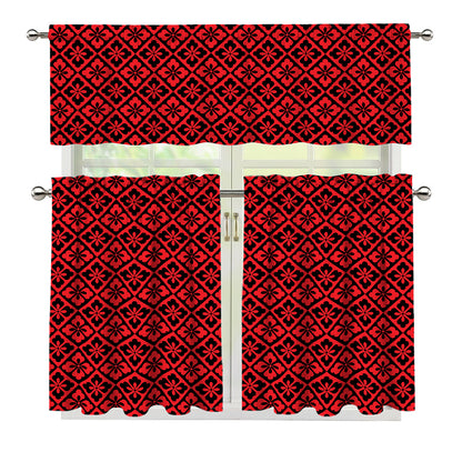 Red And Black Japanese Pattern Print 3 Piece Kitchen Curtains