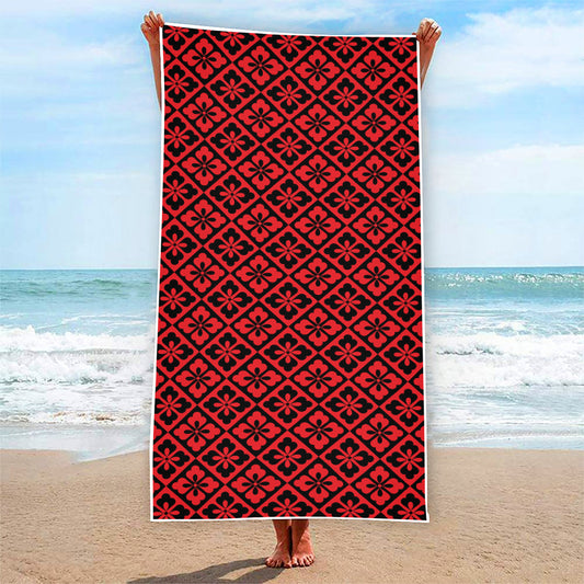 Red And Black Japanese Pattern Print Beach Towel