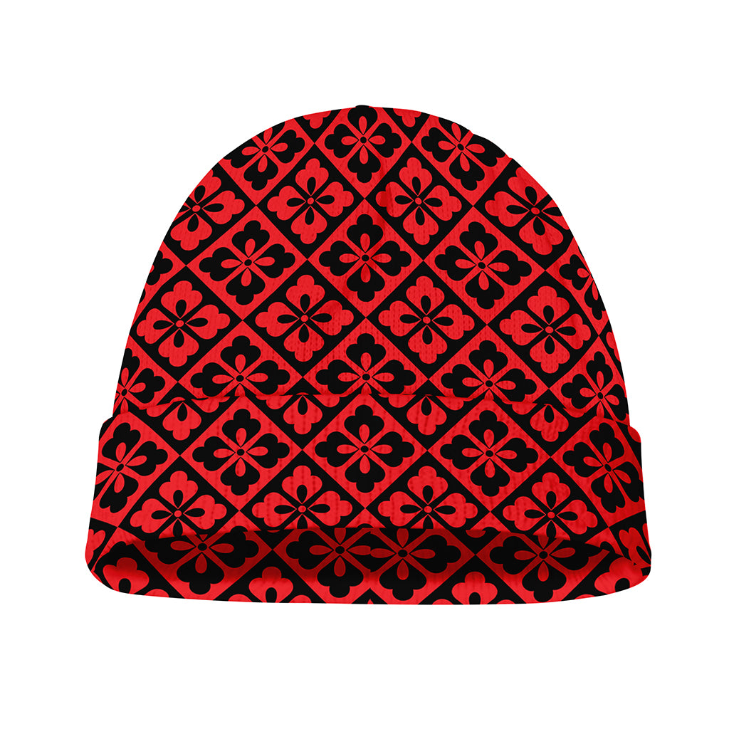 Red And Black Japanese Pattern Print Beanie