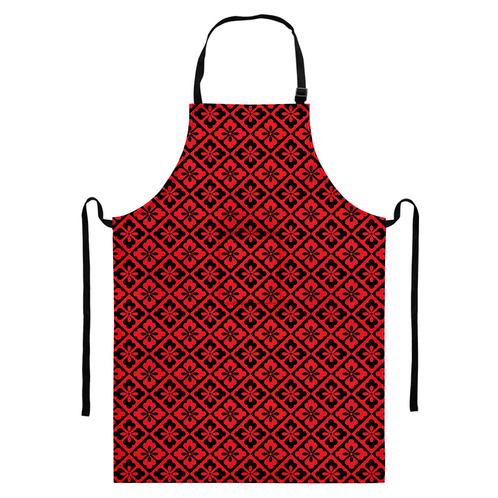 Red And Black Japanese Pattern Print Bib Apron With Pocket