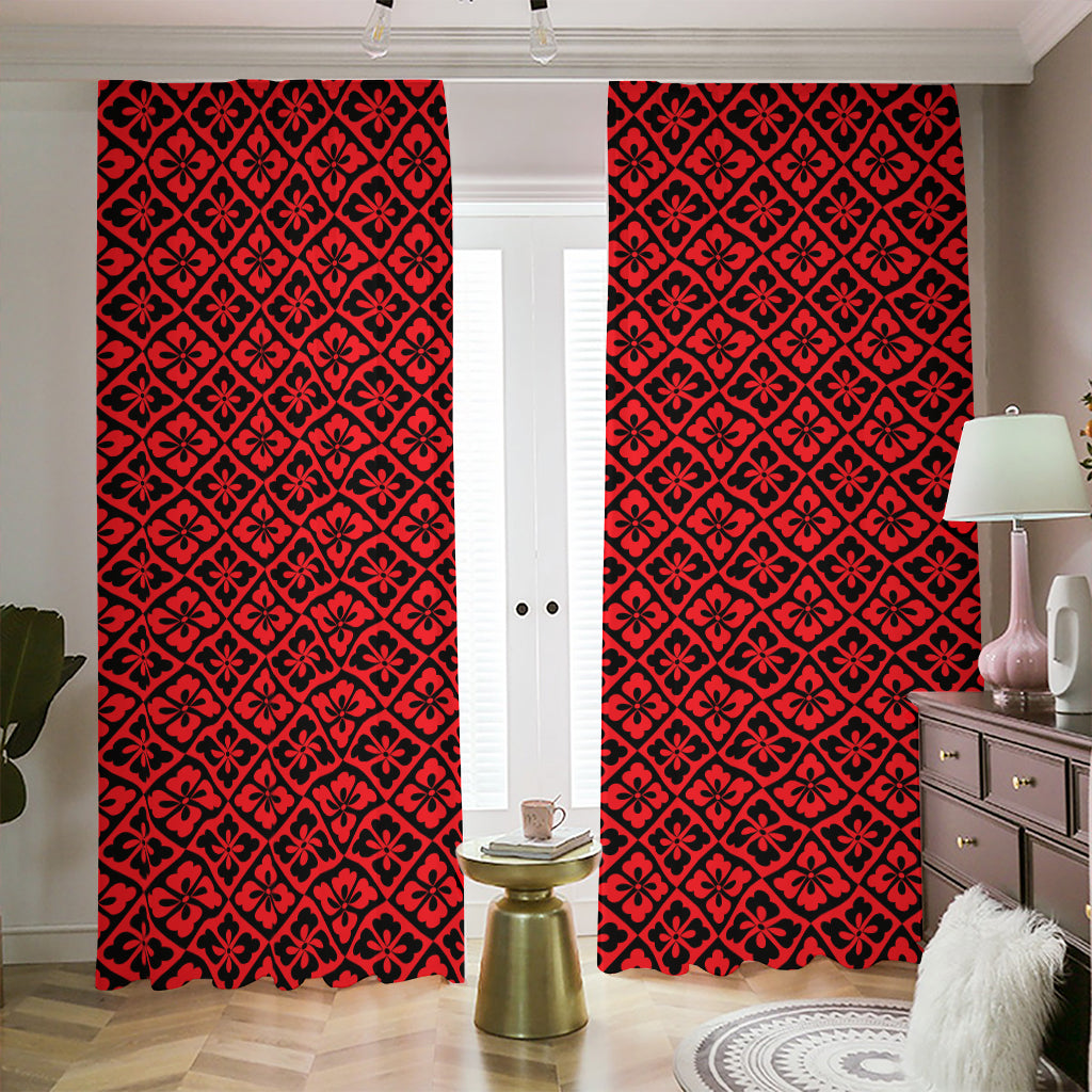 Red And Black Japanese Pattern Print Blackout Pencil Pleat Curtains