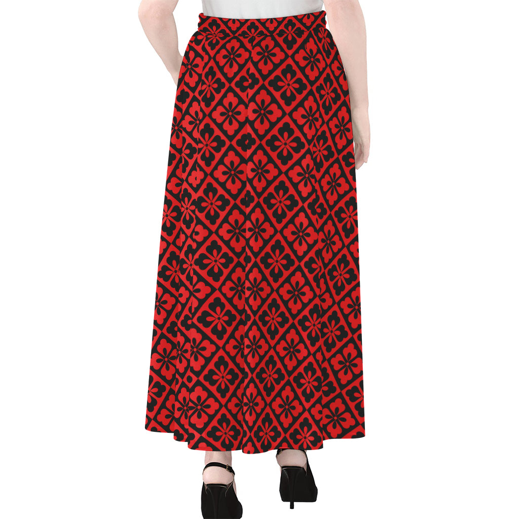 Red And Black Japanese Pattern Print Chiffon Maxi Skirt