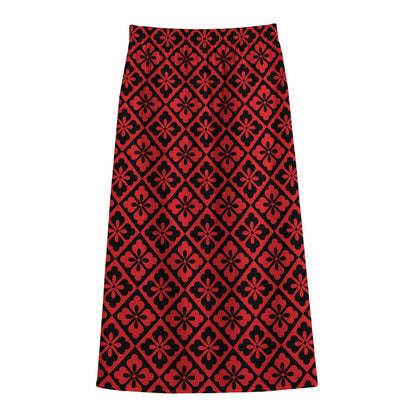 Red And Black Japanese Pattern Print Cotton Front Slit Maxi Skirt