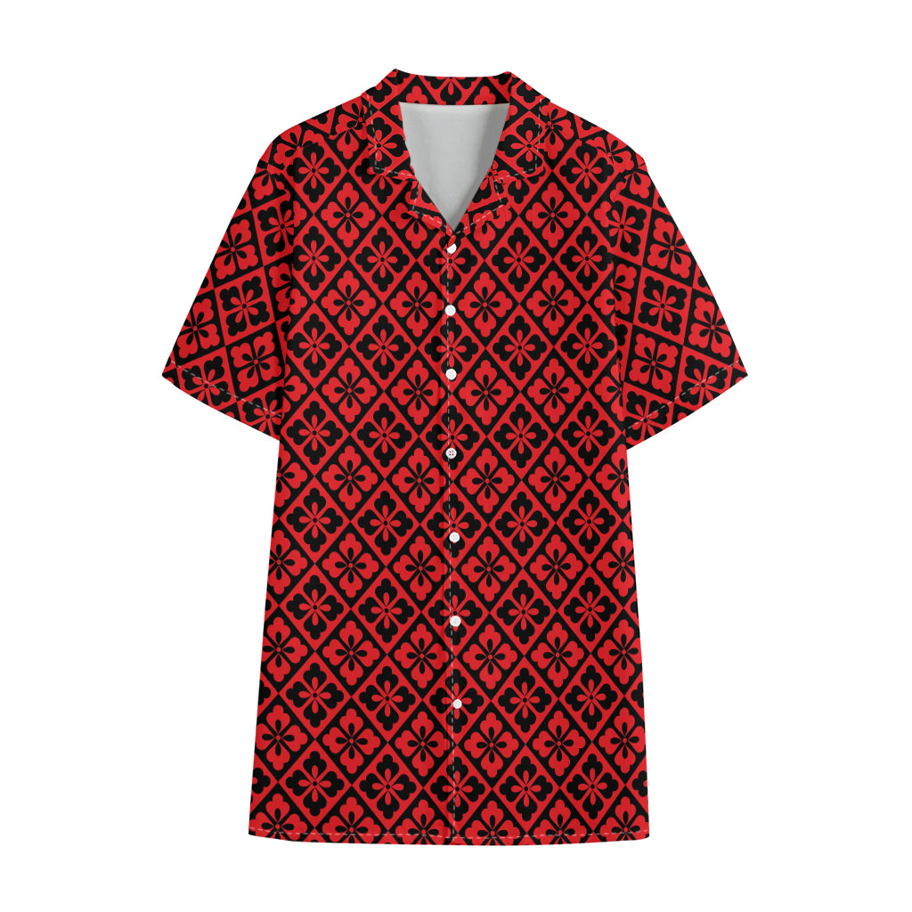 Red And Black Japanese Pattern Print Cotton Hawaiian Shirt